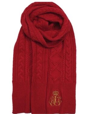 Polo by Ralph Lauren Red Cable Knit Scarf with Gold Crest